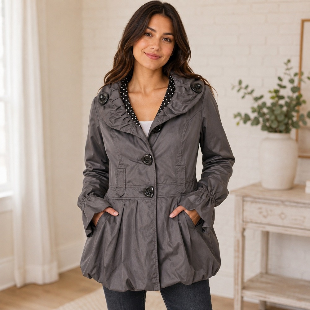 Betsey Johnson Trench Coat Womens Size S Black Heart Button Bubble Hem Ruffle S